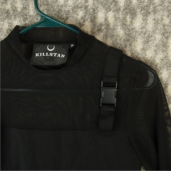 Killstar Half Mesh With Buckle Cross Left Shoulder Top Round Neck Womens S Black - Picture 7 of 13